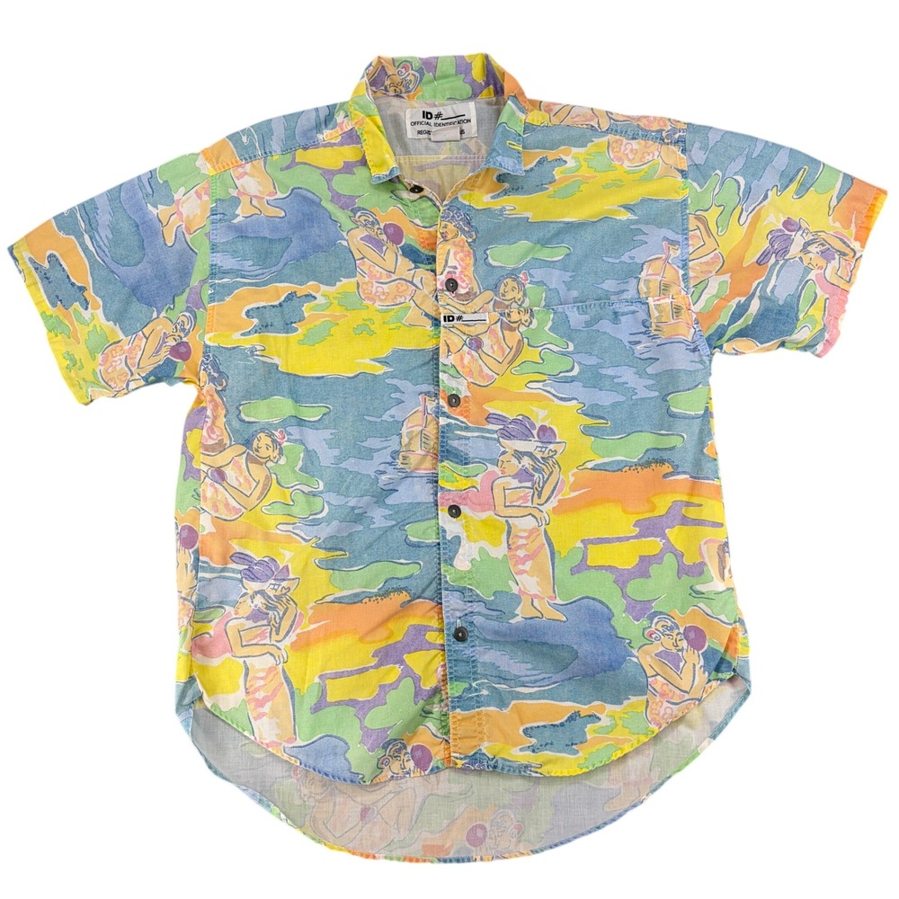 Vintage ID# Official Identification Hawaiian Shirt Mens 2 (L) Cotton Hula Print